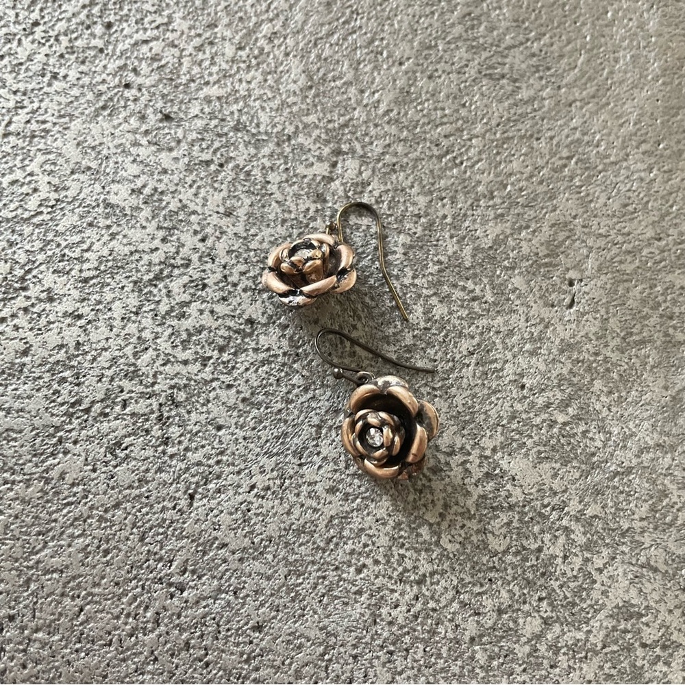 Bronze Antique Style Rose Drop Earrings with crystal gem